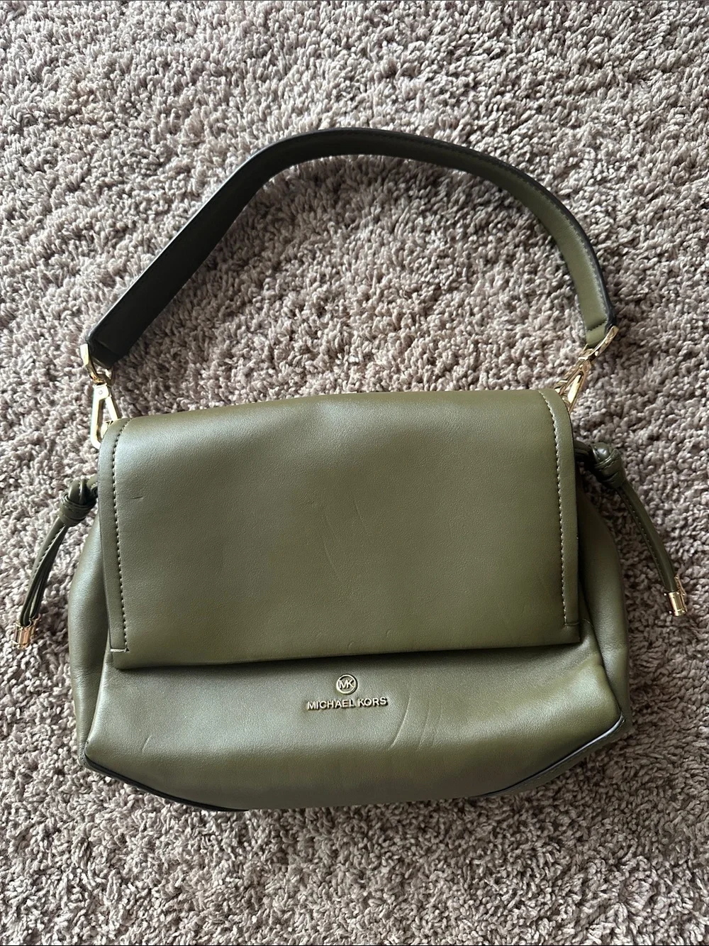 Michael Kors Olive Green Leather Shoulder Bag with Gold Accents